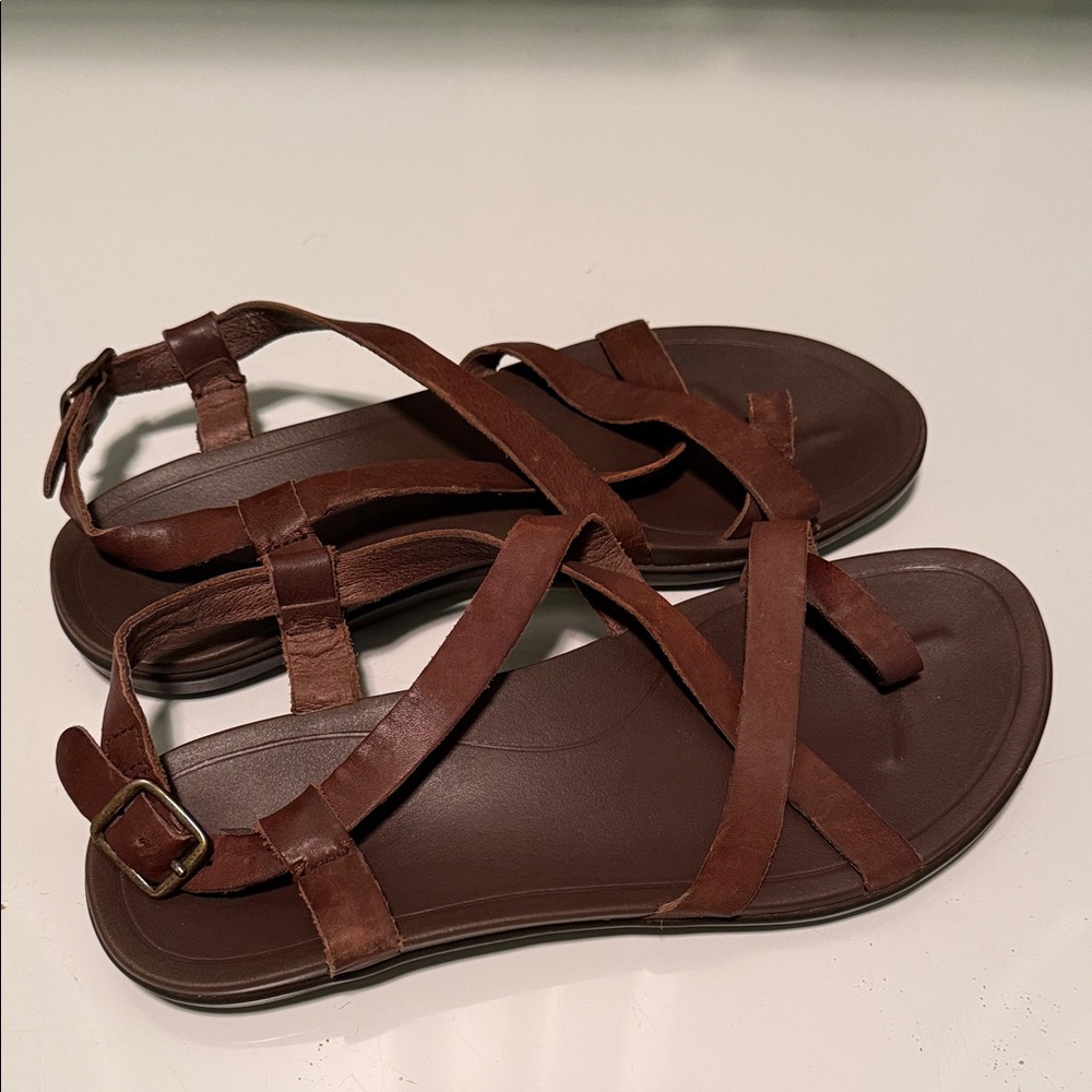 OluKai Brown Leather Cross-Strap Sandals